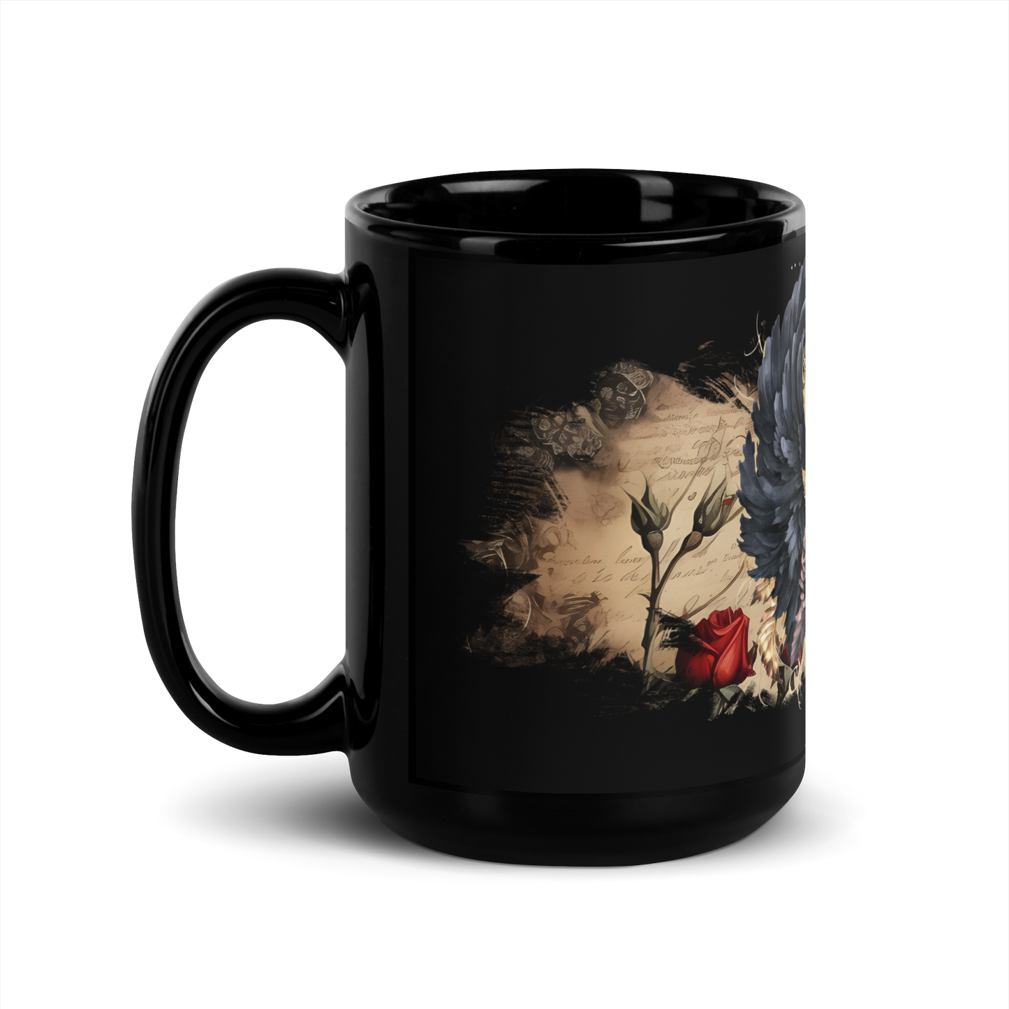 Black Glossy Mug - goottisiivet ja ruuusu