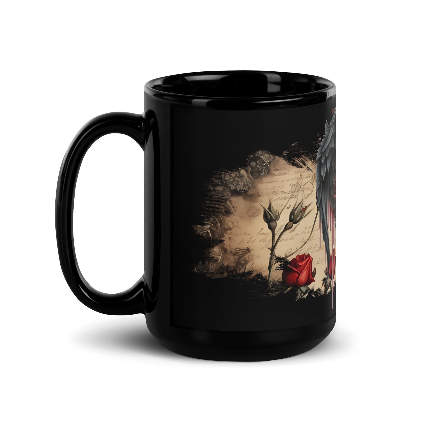 Black glossy Mug - gothic wings and rose