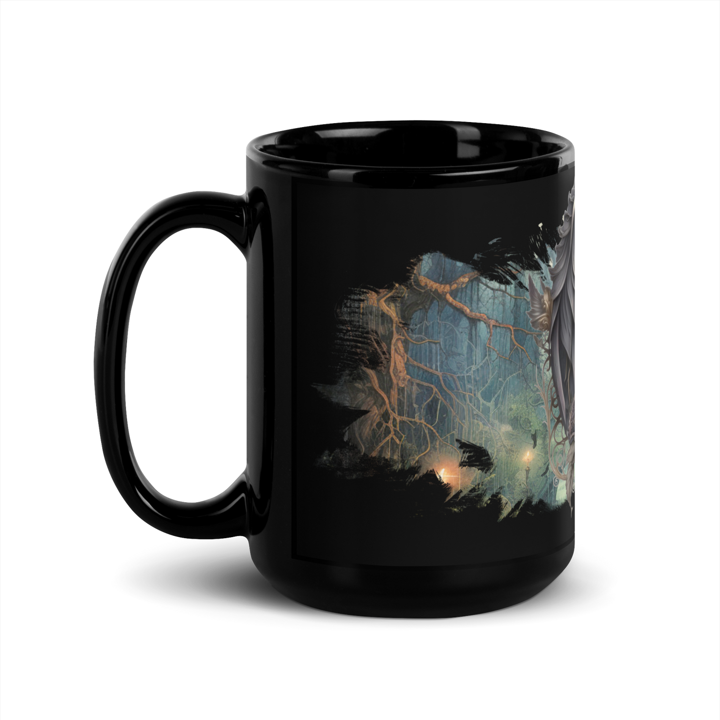 Black glossy Mug - gothic castle and wings