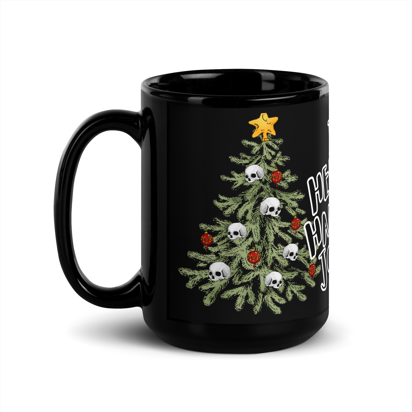 Black shiny mug, a hell of a merry Christmas, Christmas tree