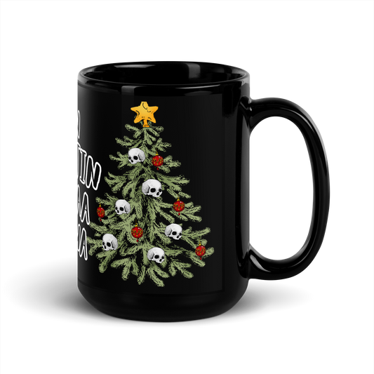 Black shiny mug, a hell of a merry Christmas, Christmas tree