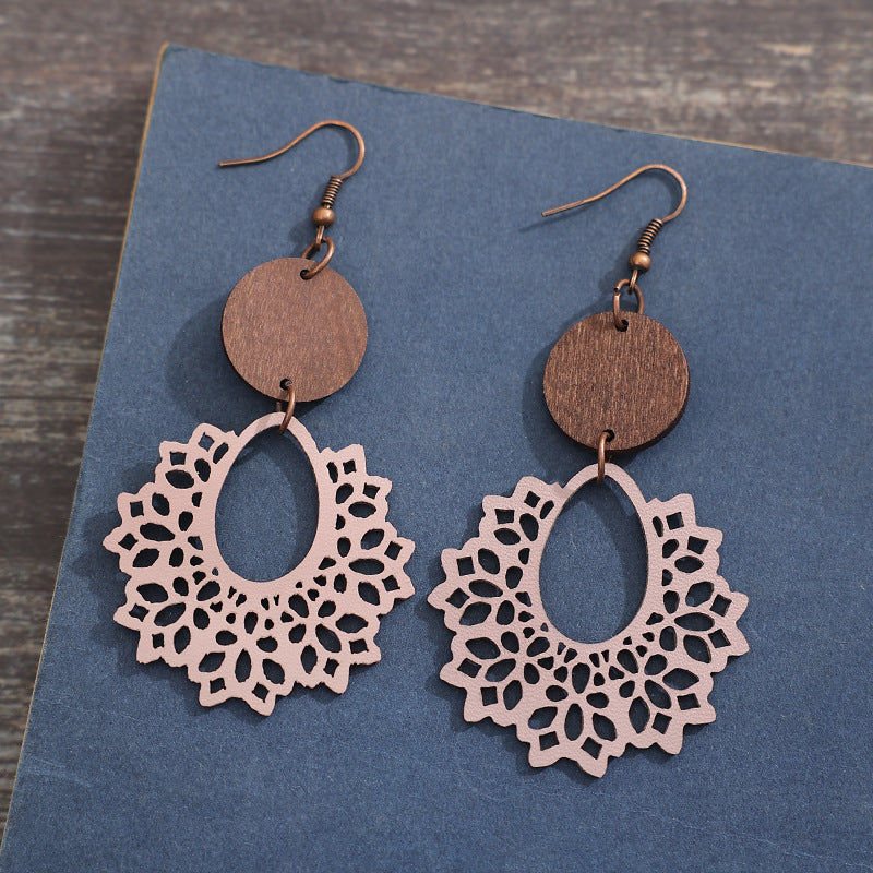 Retro Patchwork Wooden Round Hollow Leather Earrings