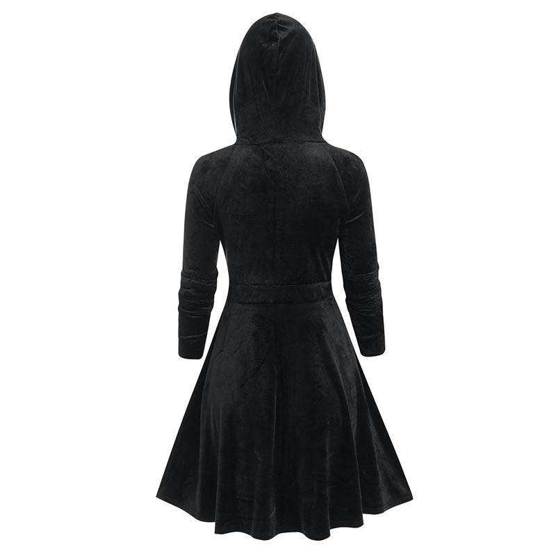 Patchwork Gothic Style Hooded Long Sleeve Pleuche Cat Ear Dress