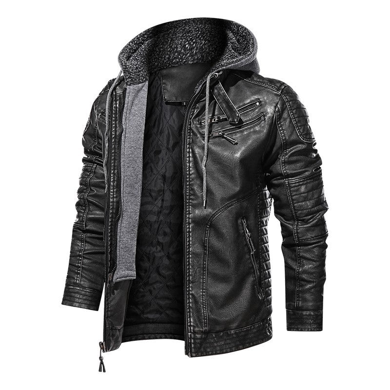 Men's PU Leather Coat Hooded Cotton Addition Leather Jacket Coat