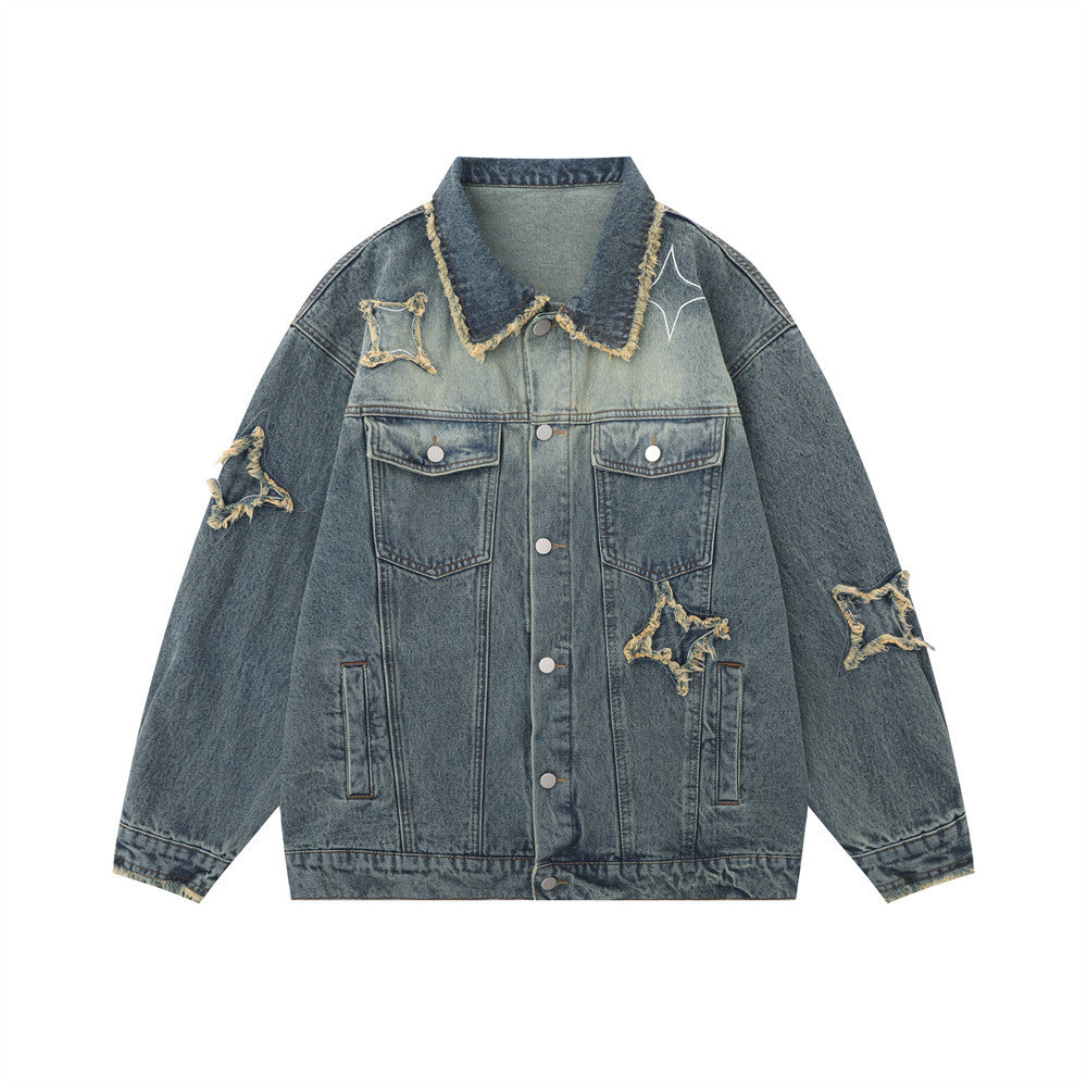 Five-pointed Star Patch Cat Beard Denim Coat Men's Design Sense Washed Distressed Jacket