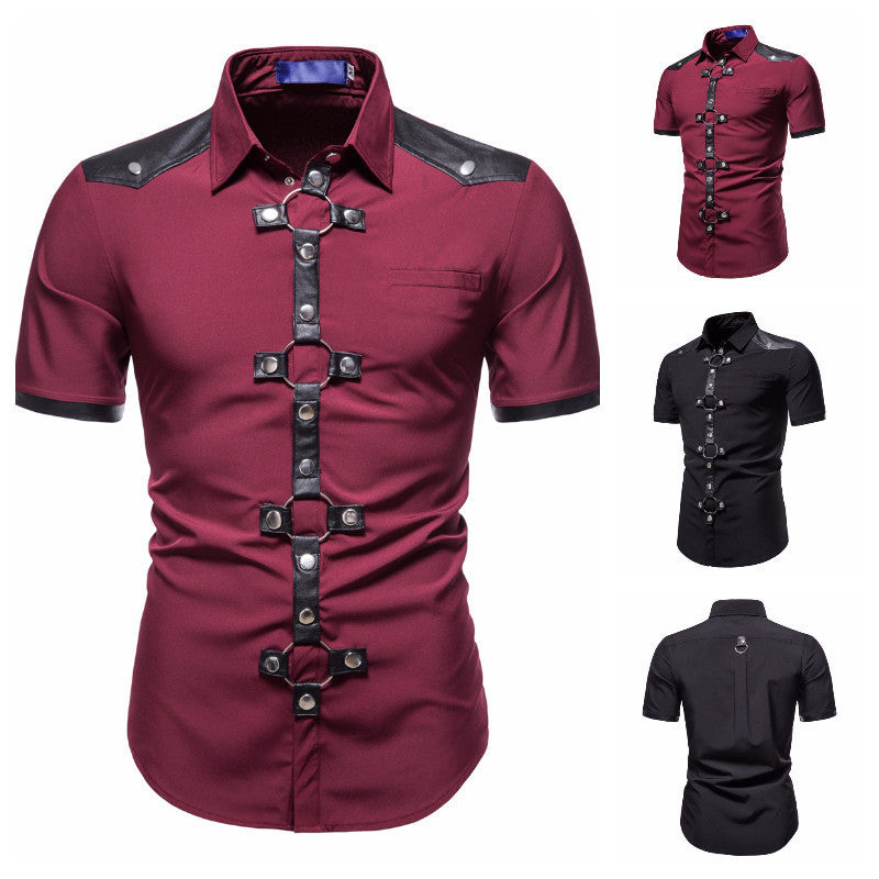 New European And American Men's Gothic Style Rivet Leather Patchwork Short-sleeved Shirt Simple Fashion Costume