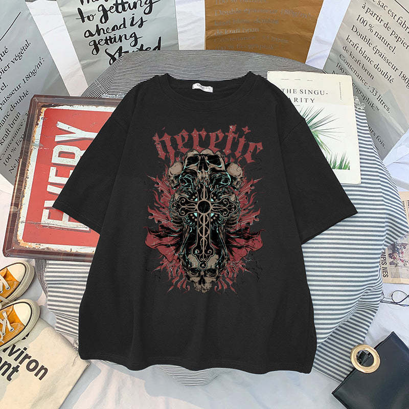 Men And Women Gothic Style Print Round Neck Loose T-shirt Short Sleeve