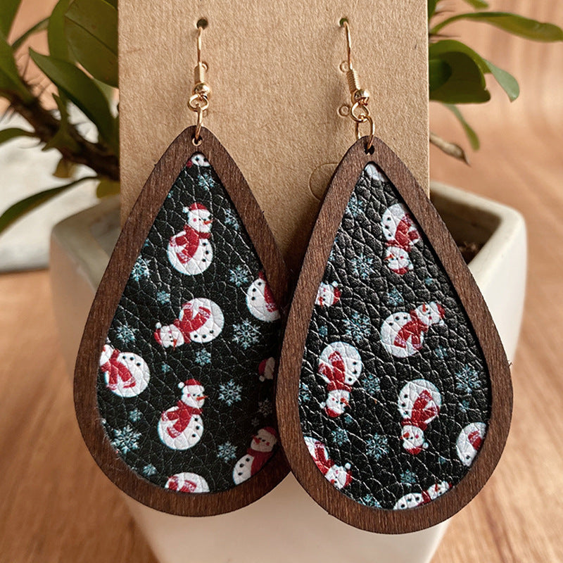 Christmas PU Leather Litchi Pattern Wooden Frame Earrings