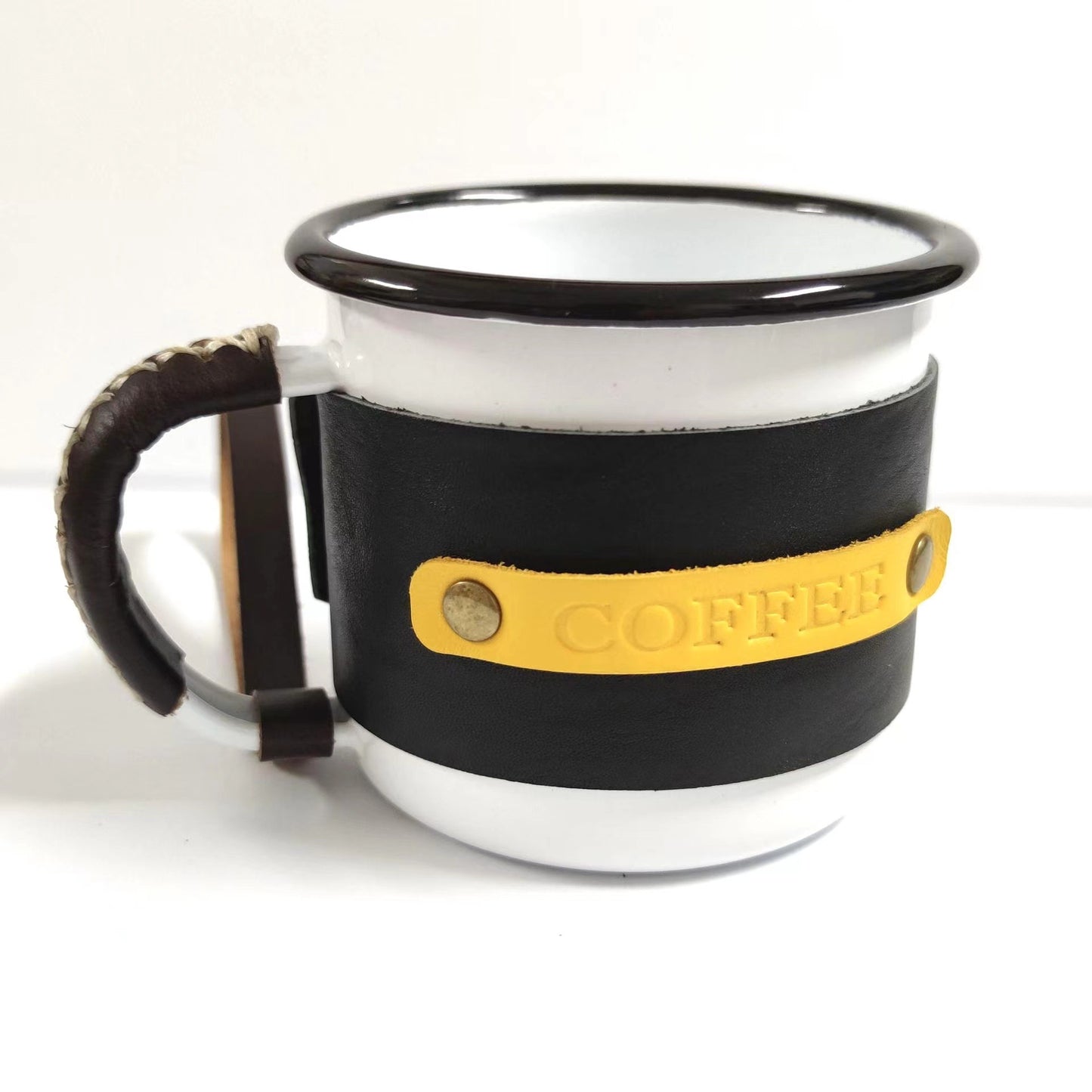 Enamel Coffee Mug 8cm With Leather Case