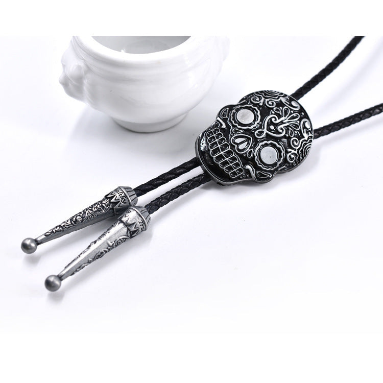 Skull Facial Makeup Genuine Leather Polo Bow Tie Necklace