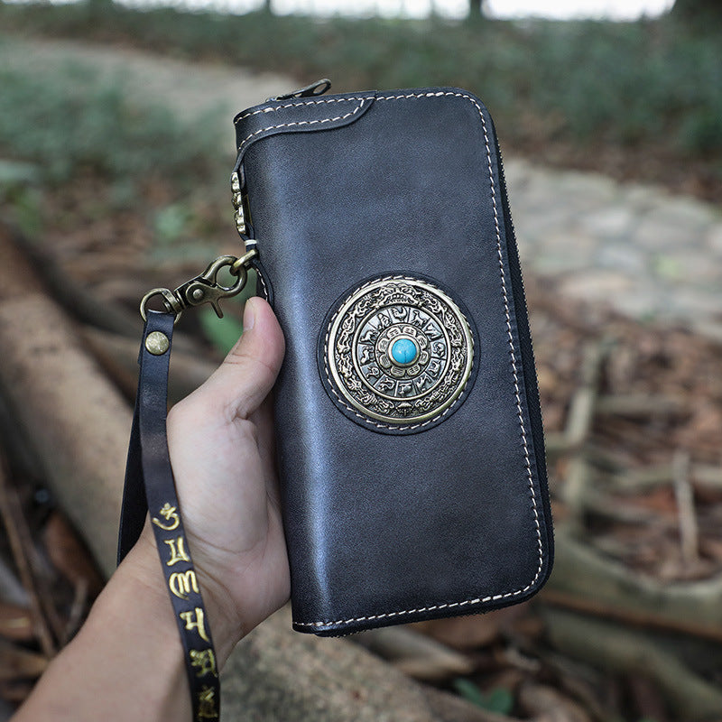 Men's And Women's Handmade Zipper Ethnic Style Vertical Leather Wallet