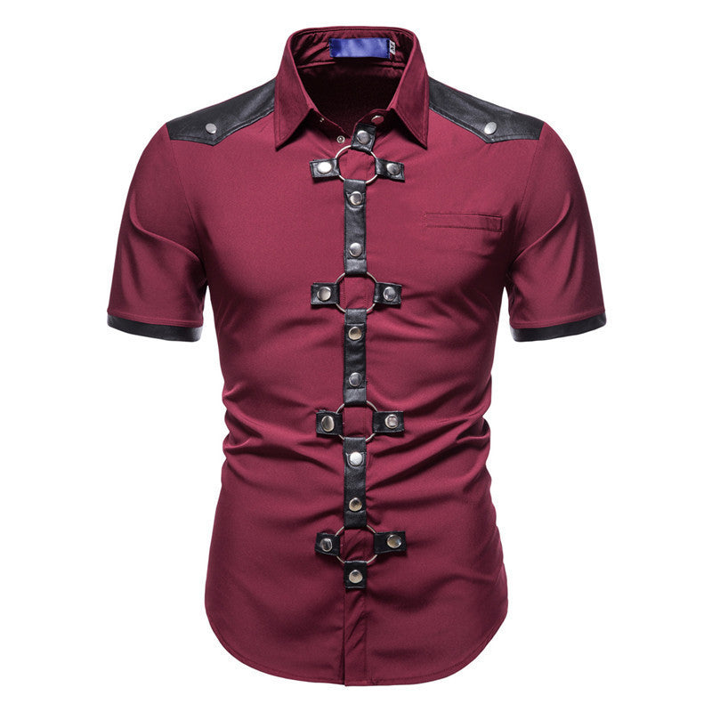 New European And American Men's Gothic Style Rivet Leather Patchwork Short-sleeved Shirt Simple Fashion Costume