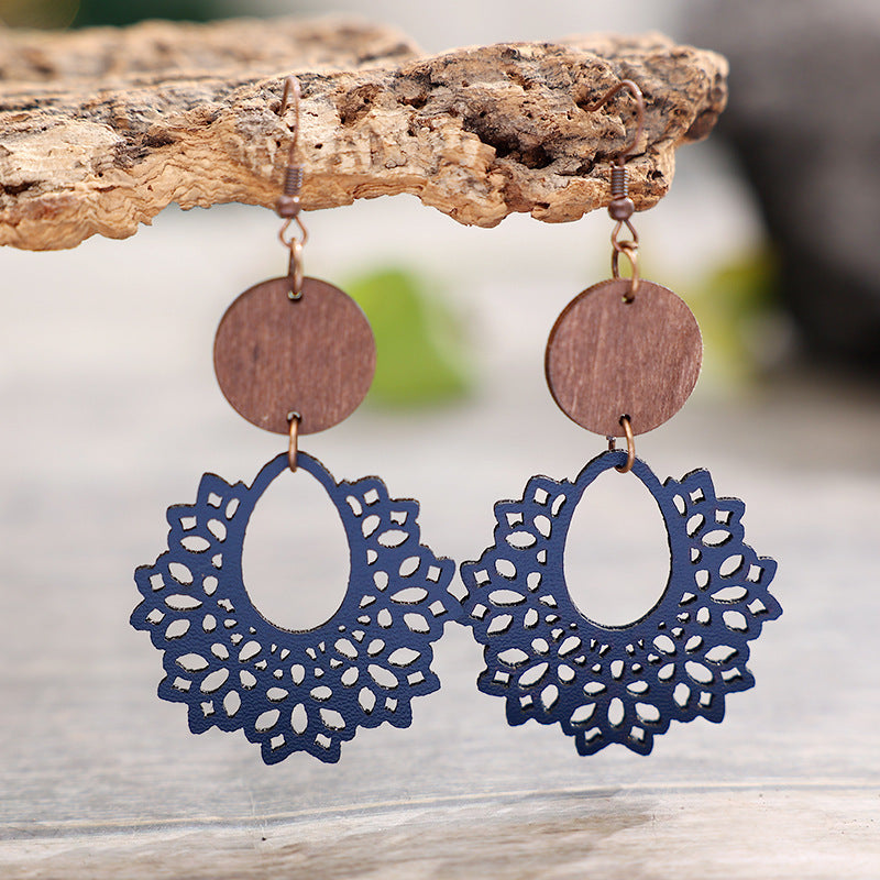 Retro Patchwork Wooden Round Hollow Leather Earrings