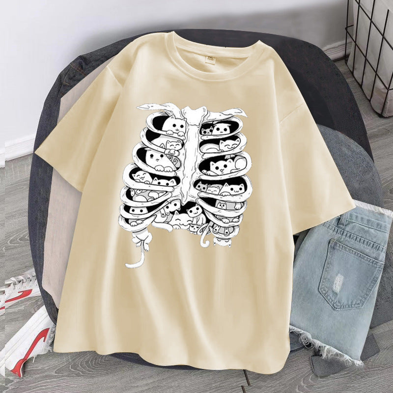 Skeleton Cat Gothic Print Round Neck Loose Men's And Women's T-shirt Short Sleeve