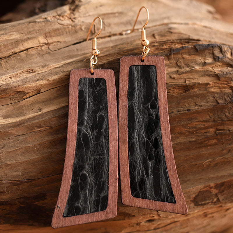 Genuine Leather Retro Embossed Classic Geometric Wooden Earrings