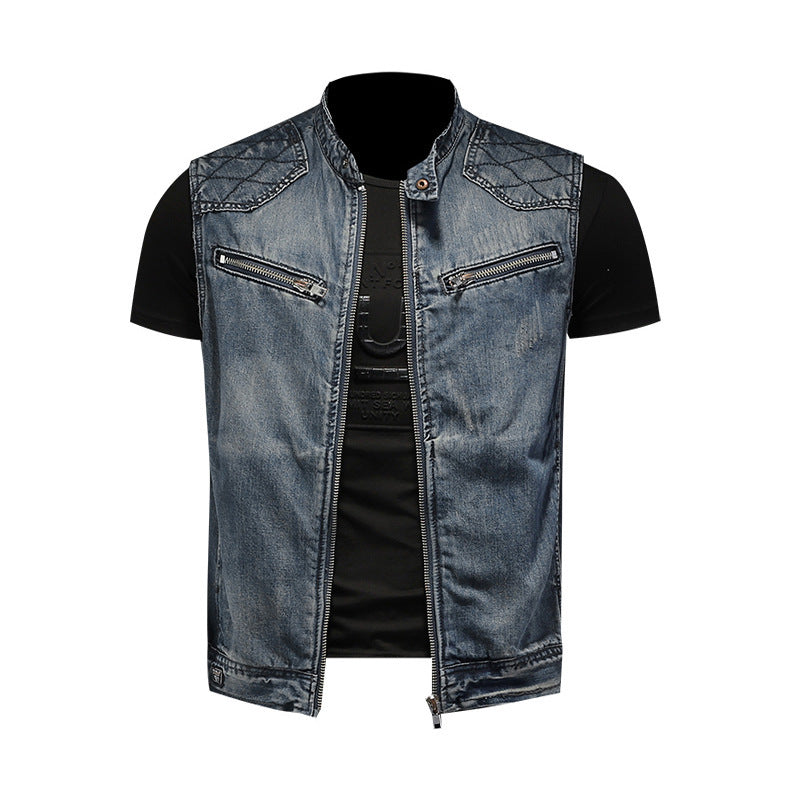 Men's Motorcycle Stand Collar Denim Vest