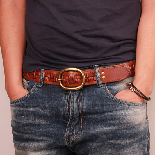 The First Layer Of Pure Cowhide Woven Men's Leather Belt With Copper Buckle