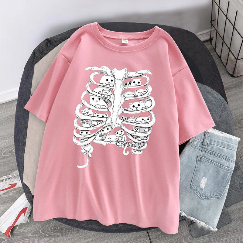 Skeleton Cat Gothic Print Round Neck Loose Men's And Women's T-shirt Short Sleeve