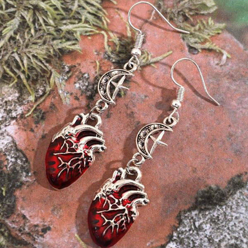 Gothic Beating Heart Crescent Cross Earrings