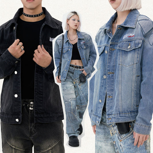 High Street Embroidery Washed And Worn Armor Stitching Denim Jacket Coat