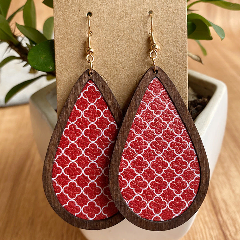 Christmas PU Leather Litchi Pattern Wooden Frame Earrings