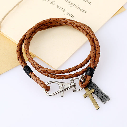 PU Woven Leather Cowhide Bracelet Double Ring Punk Jewelry