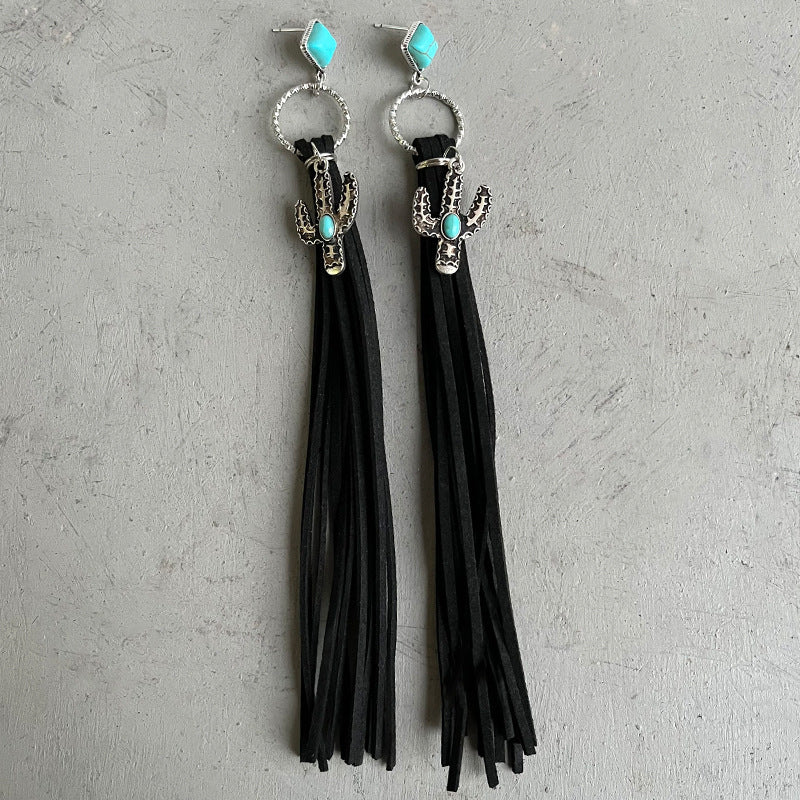 Ornament Creative Personality Retro Long Cactus Turquoise Leather Tassel Earrings