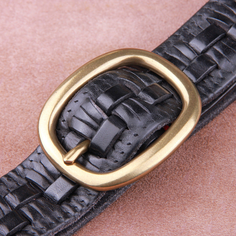 The First Layer Of Pure Cowhide Woven Men's Leather Belt With Copper Buckle