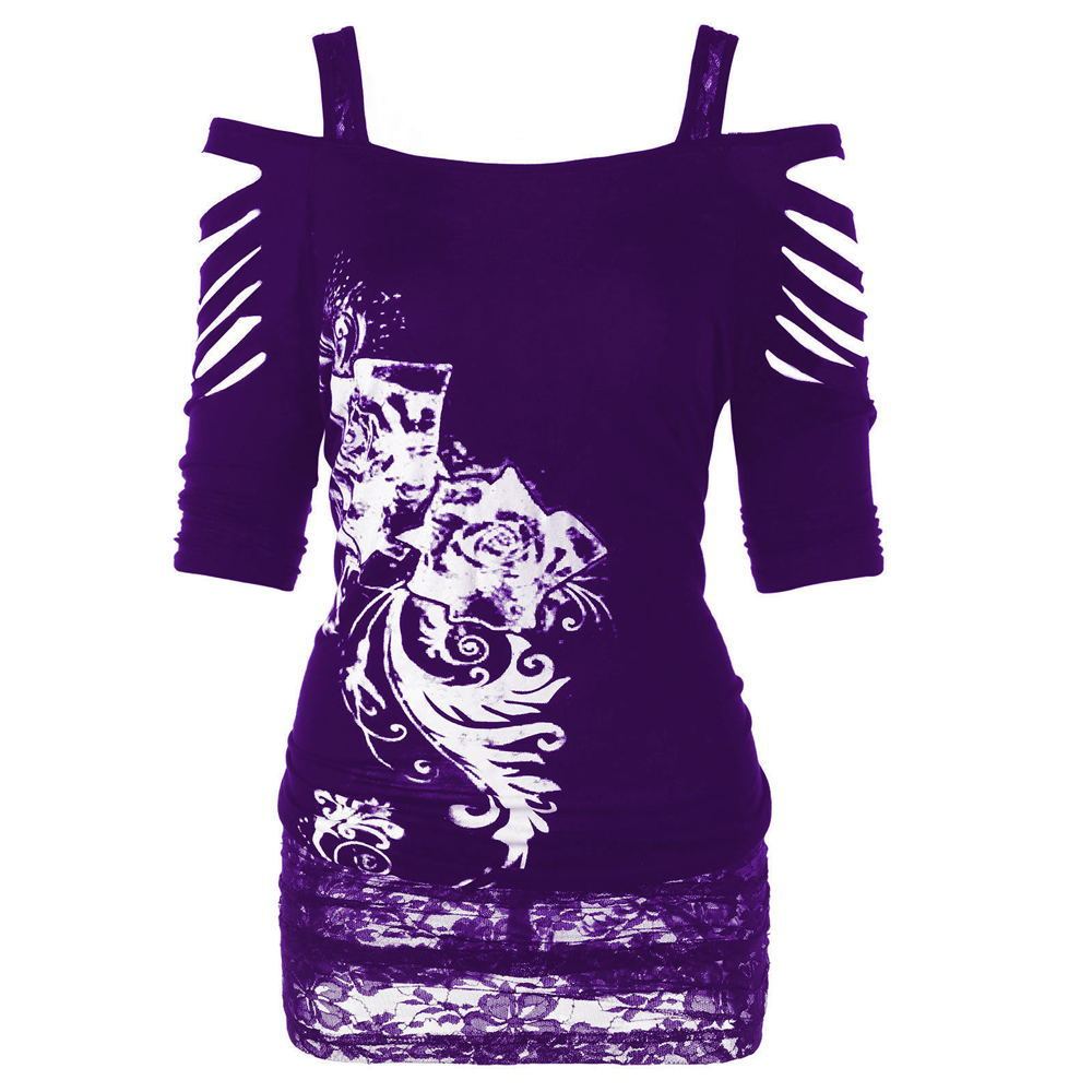 New Off Shoulder Printed Rock Gothic Sling T-Shirt