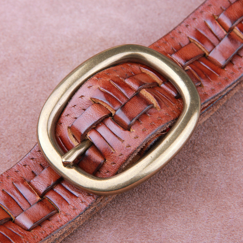 The First Layer Of Pure Cowhide Woven Men's Leather Belt With Copper Buckle