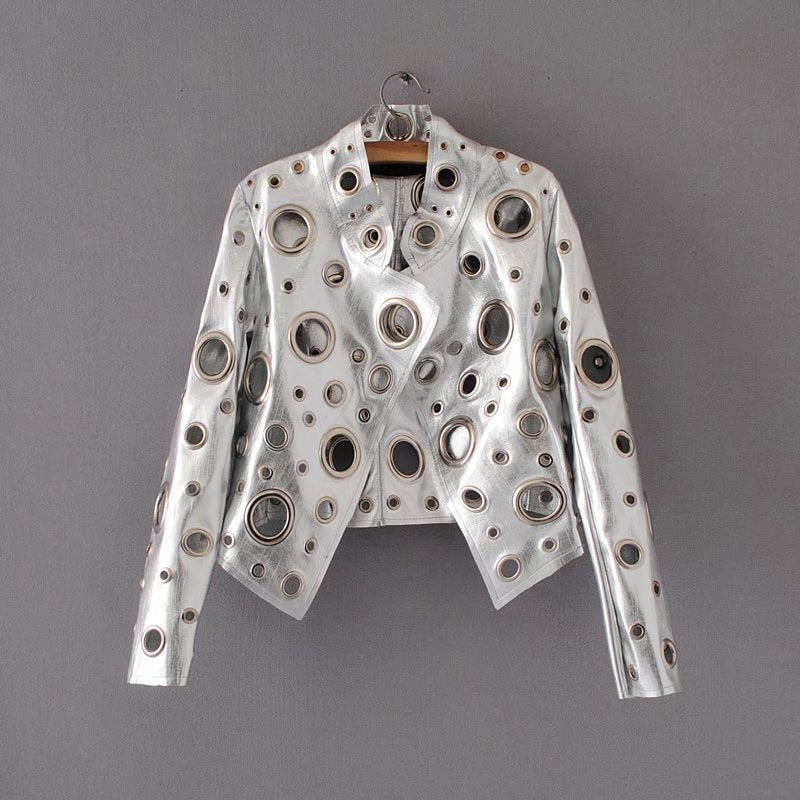 European And American Rock Style Hollow Metal Ring Leather Jacket