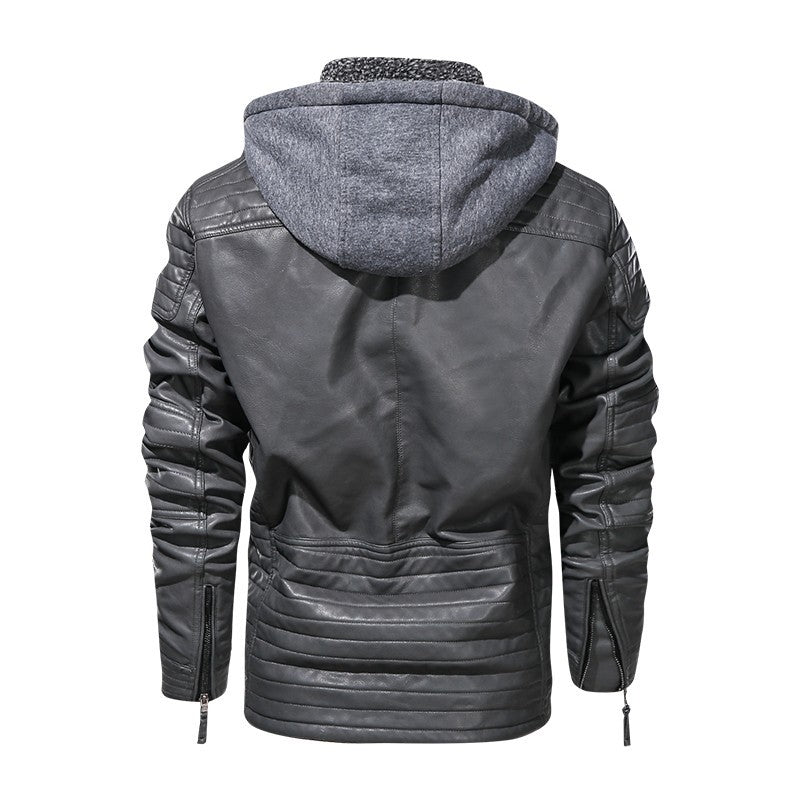 Men's PU Leather Coat Hooded Cotton Addition Leather Jacket Coat