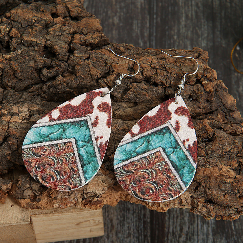 Water Drop Western Style Cows Pattern Pattern Leather Earrings Personality Pu Double-sided Earrings