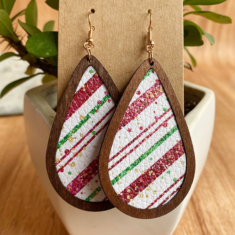 Christmas PU Leather Litchi Pattern Wooden Frame Earrings