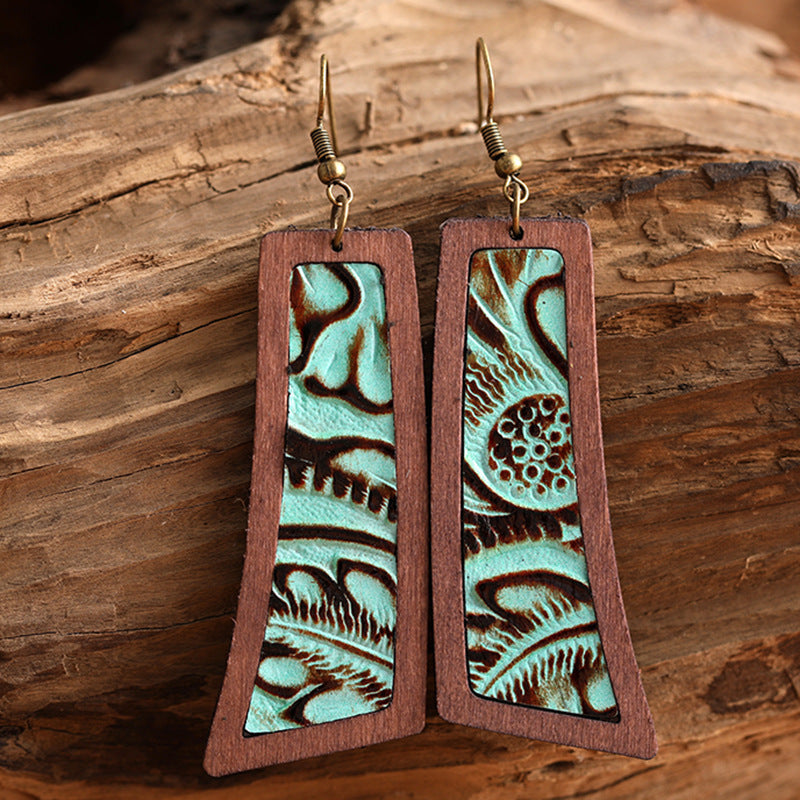 Genuine Leather Retro Embossed Classic Geometric Wooden Earrings