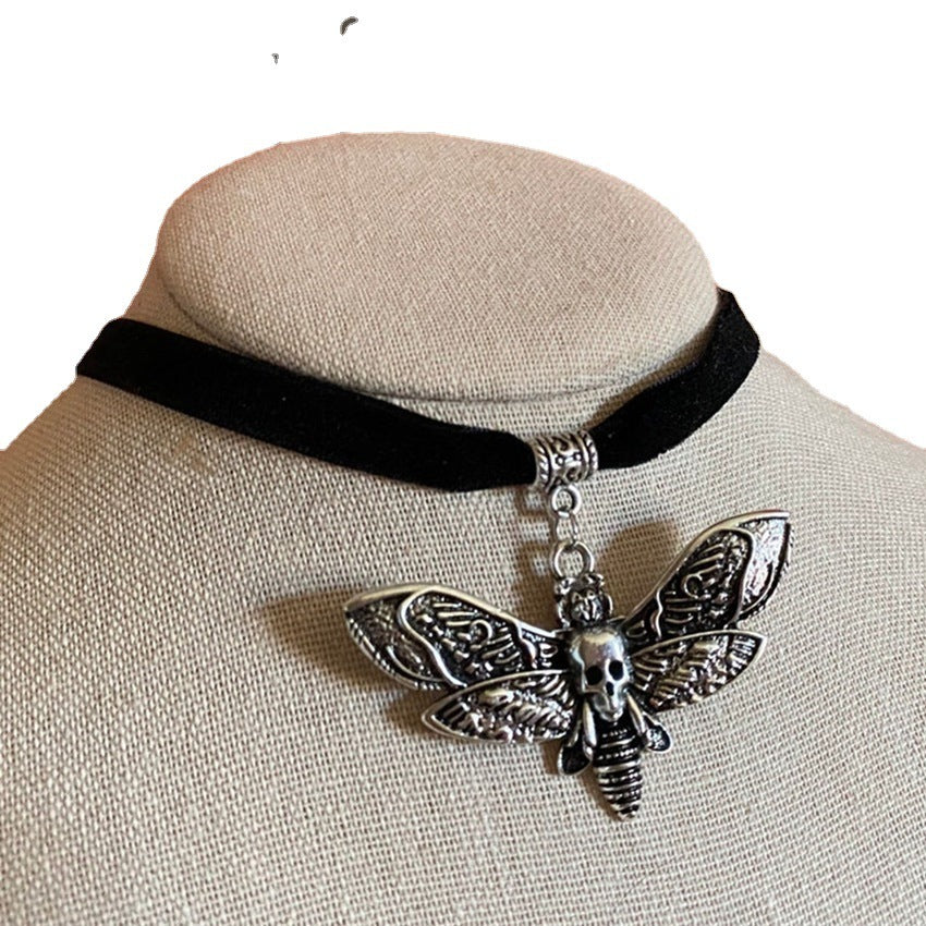 Gothic Silver Skull Moth Pendant Necklace