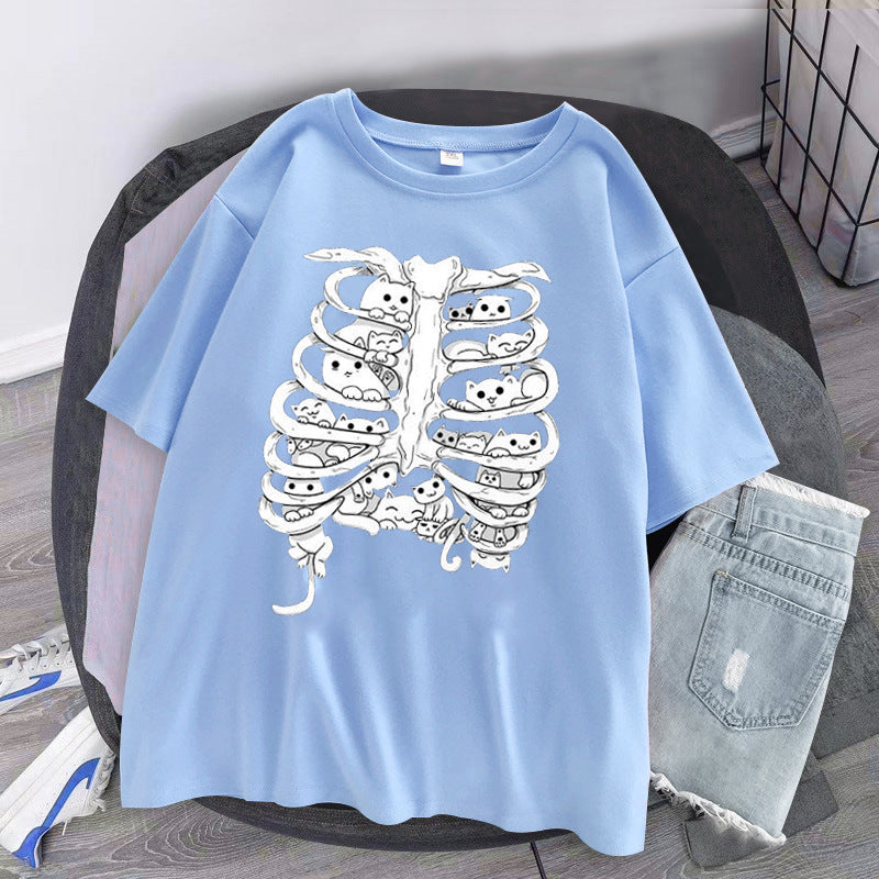 Skeleton Cat Gothic Print Round Neck Loose Men's And Women's T-shirt Short Sleeve