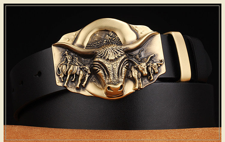 Cowhide leather belt belt with copper bull buckle