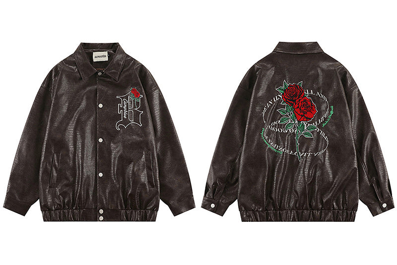 Rose Embroidered PU Leather Statement Jacket