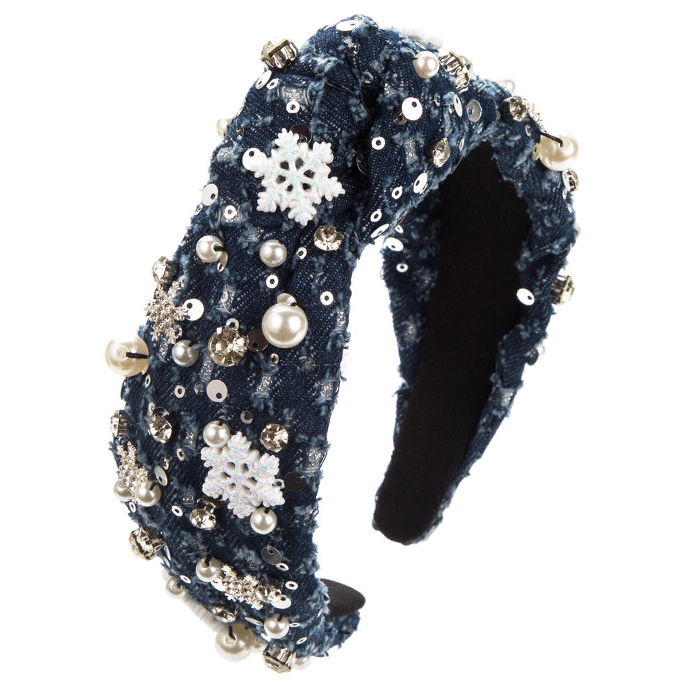 Fashion Denim Rhinestone Pearl Headband