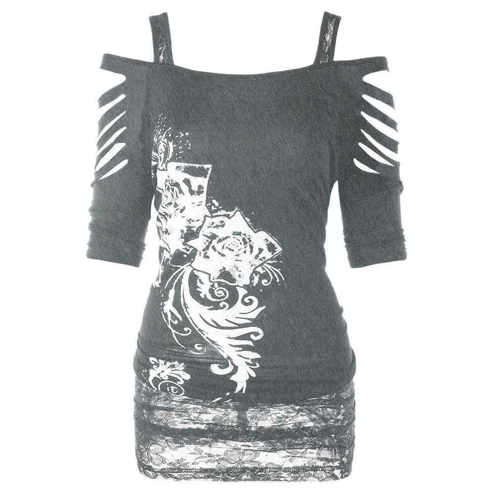 New Off Shoulder Printed Rock Gothic Sling T-Shirt