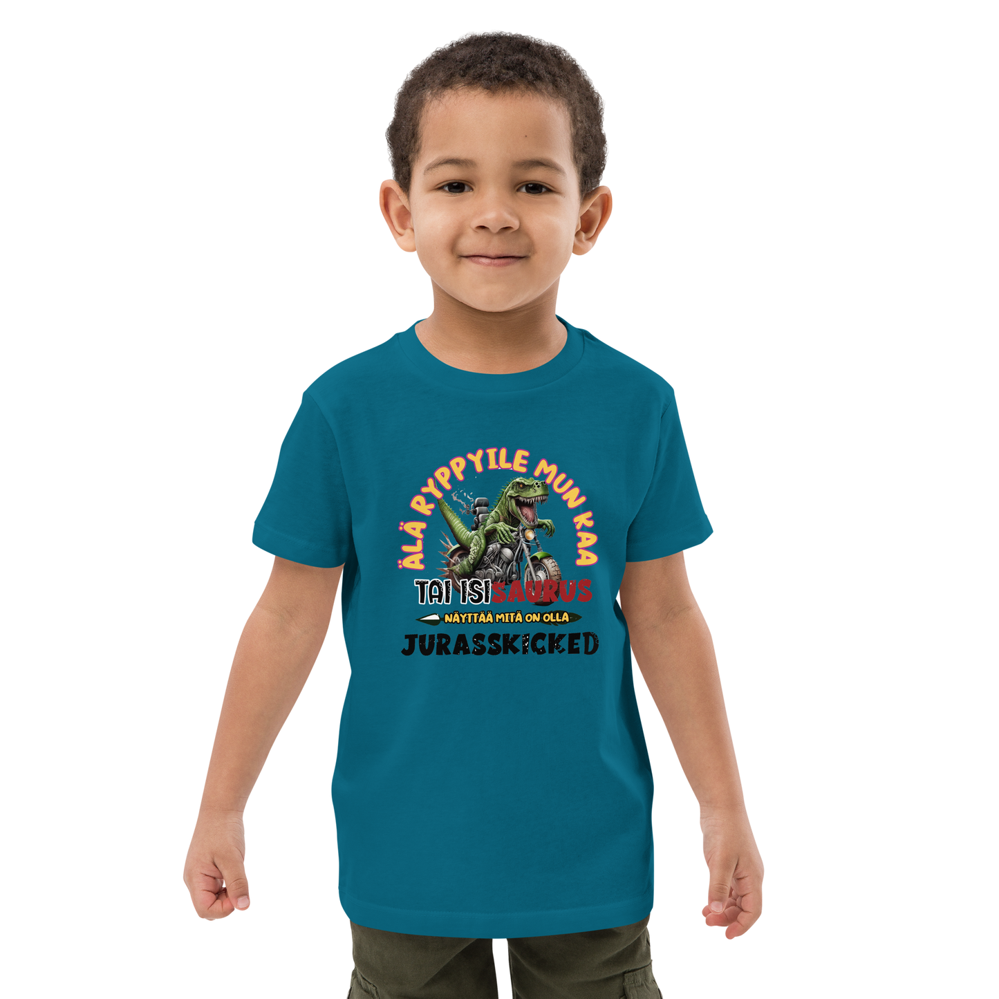 Organic cotton kids t-shirt isisaurus biker jurassikicked