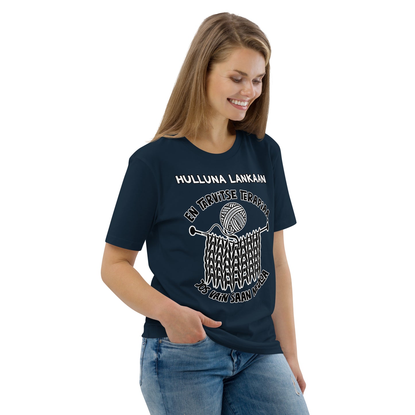 Unisex organic cotton t-shirt: I don't need therapy if I can only knit + my own text