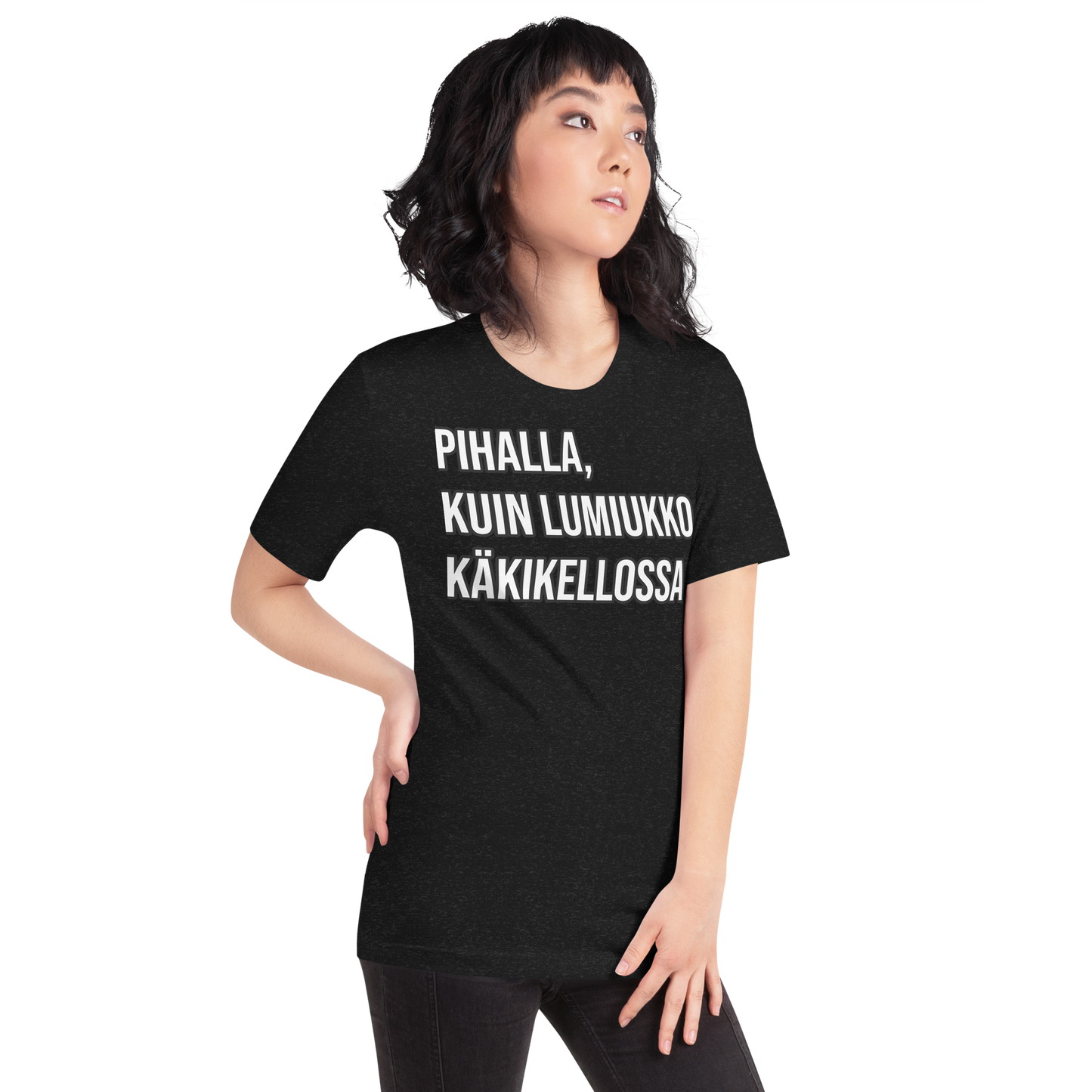 Unisex t-paita - pihalla, kuin lumiukko käkikellossa