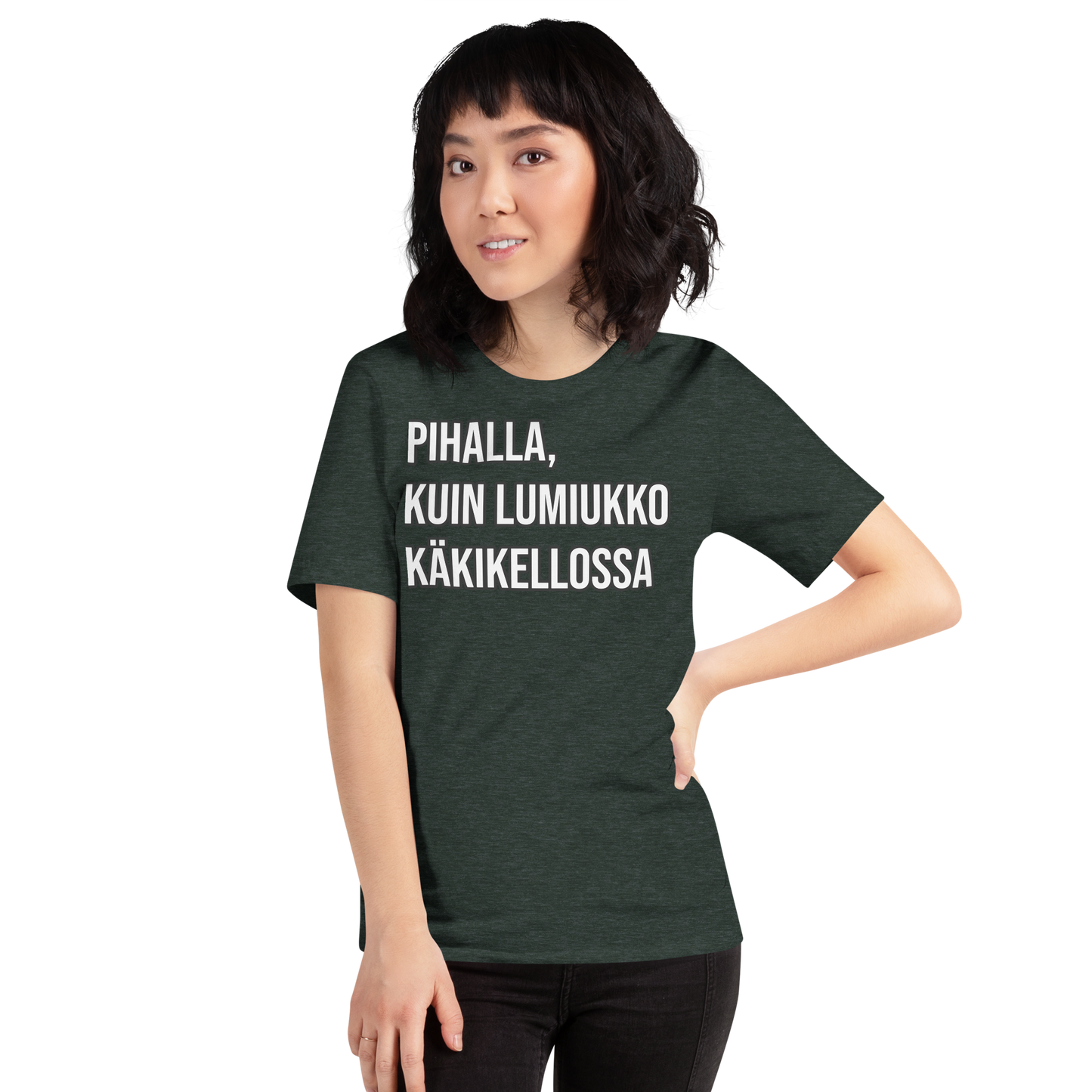 Unisex t-paita - pihalla, kuin lumiukko käkikellossa