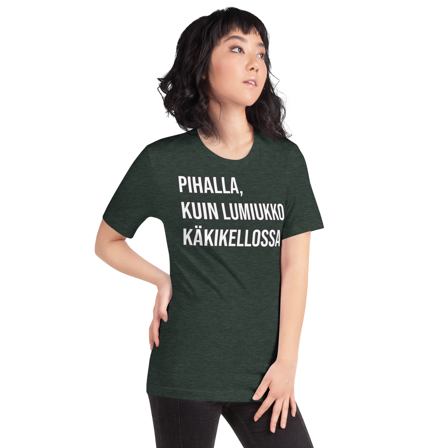 Unisex t-paita - pihalla, kuin lumiukko käkikellossa