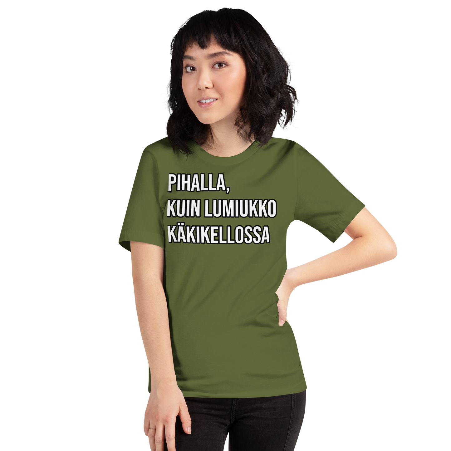 Unisex t-paita - pihalla, kuin lumiukko käkikellossa