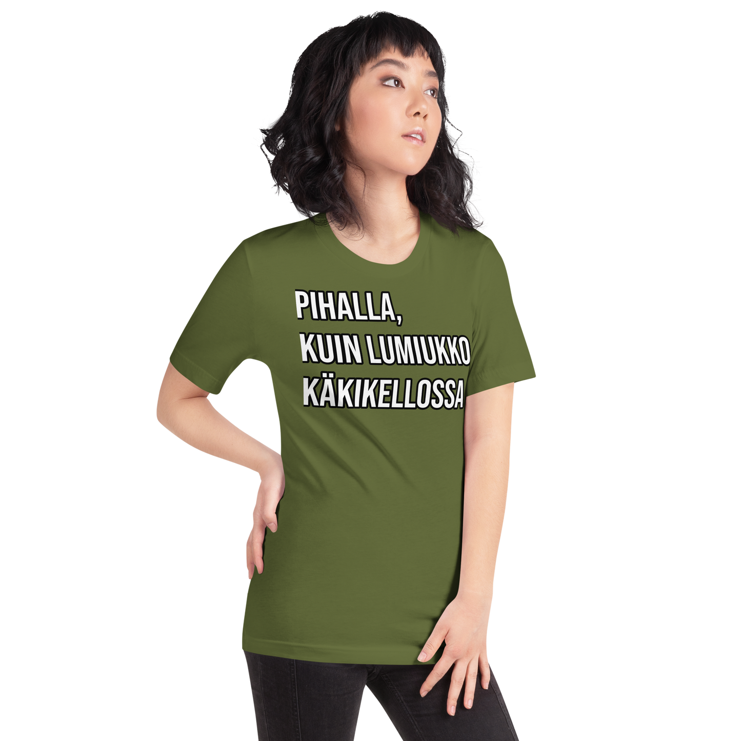 Unisex t-paita - pihalla, kuin lumiukko käkikellossa