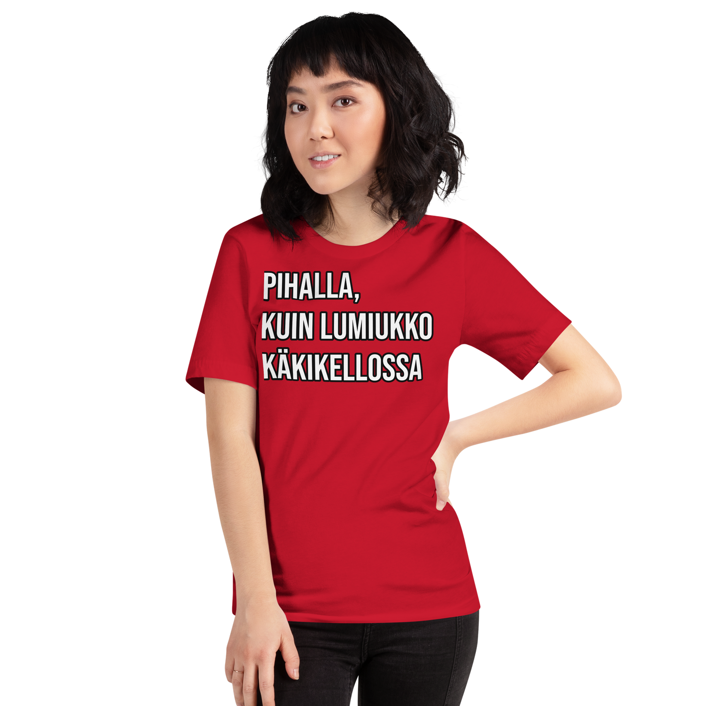 Unisex t-paita - pihalla, kuin lumiukko käkikellossa