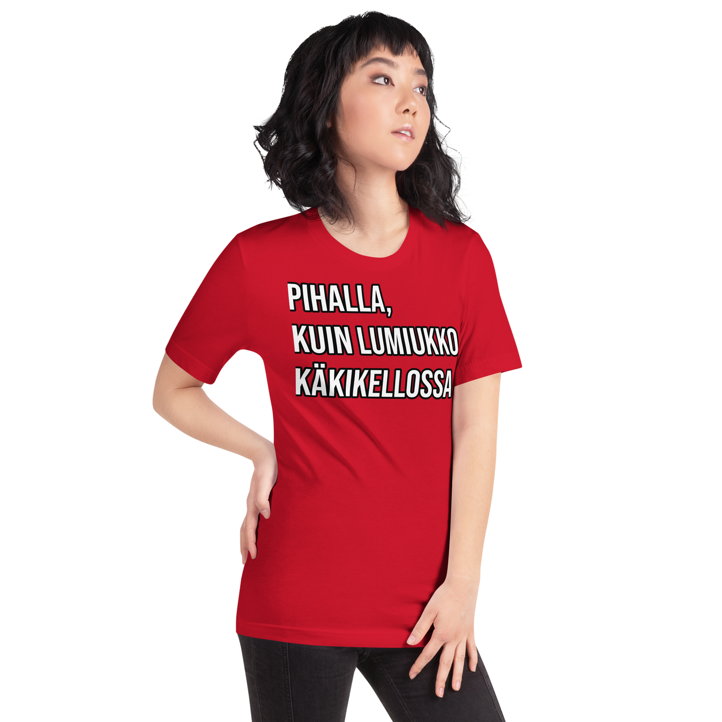 Unisex t-paita - pihalla, kuin lumiukko käkikellossa